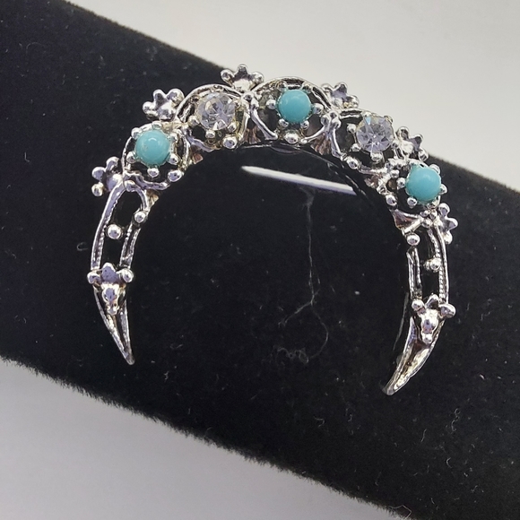 Vintage Silvertone Brooch w/ Clear Rhinestones & Turquoise Beads. VGC & Pretty! - Picture 9 of 11